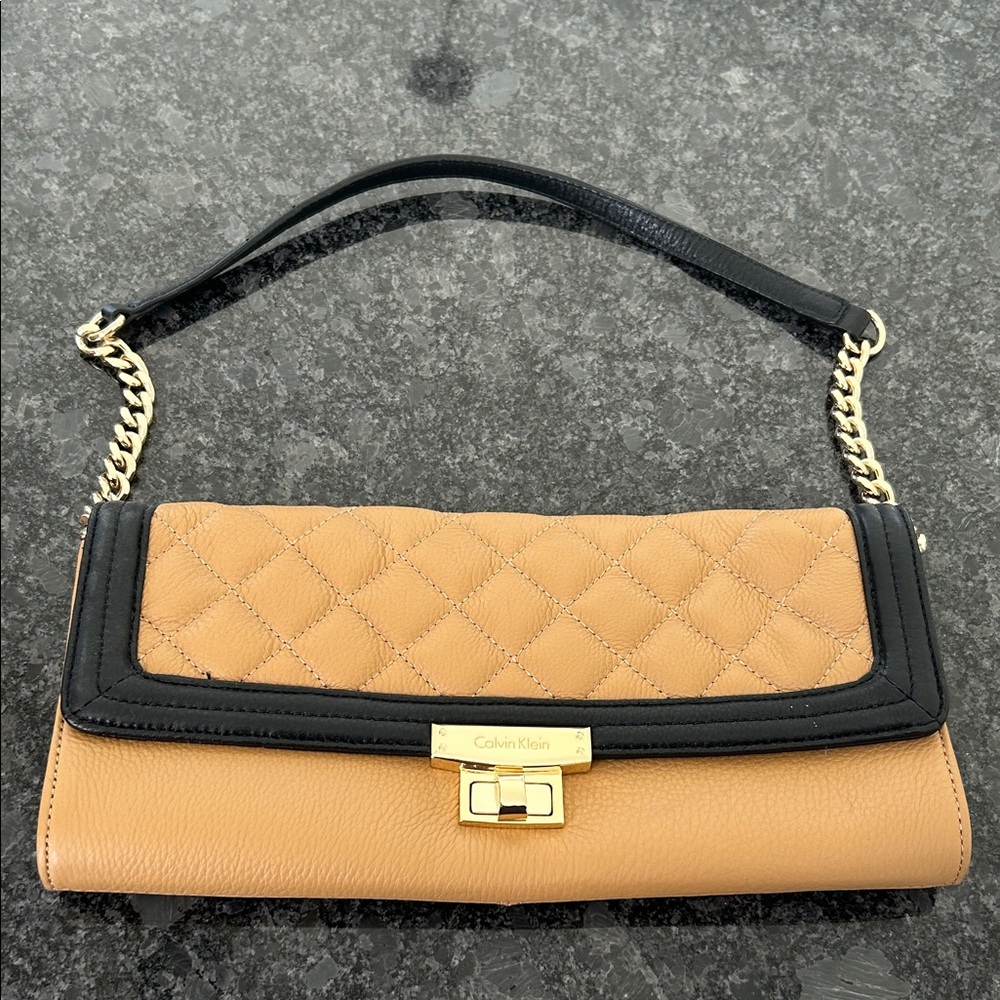 Calvin Klein Quilted Tan and Black leather Shoulder Bag